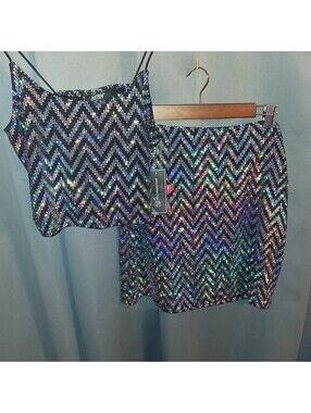 Just Polly New York XL Sequin Crop Top and Skirt Set